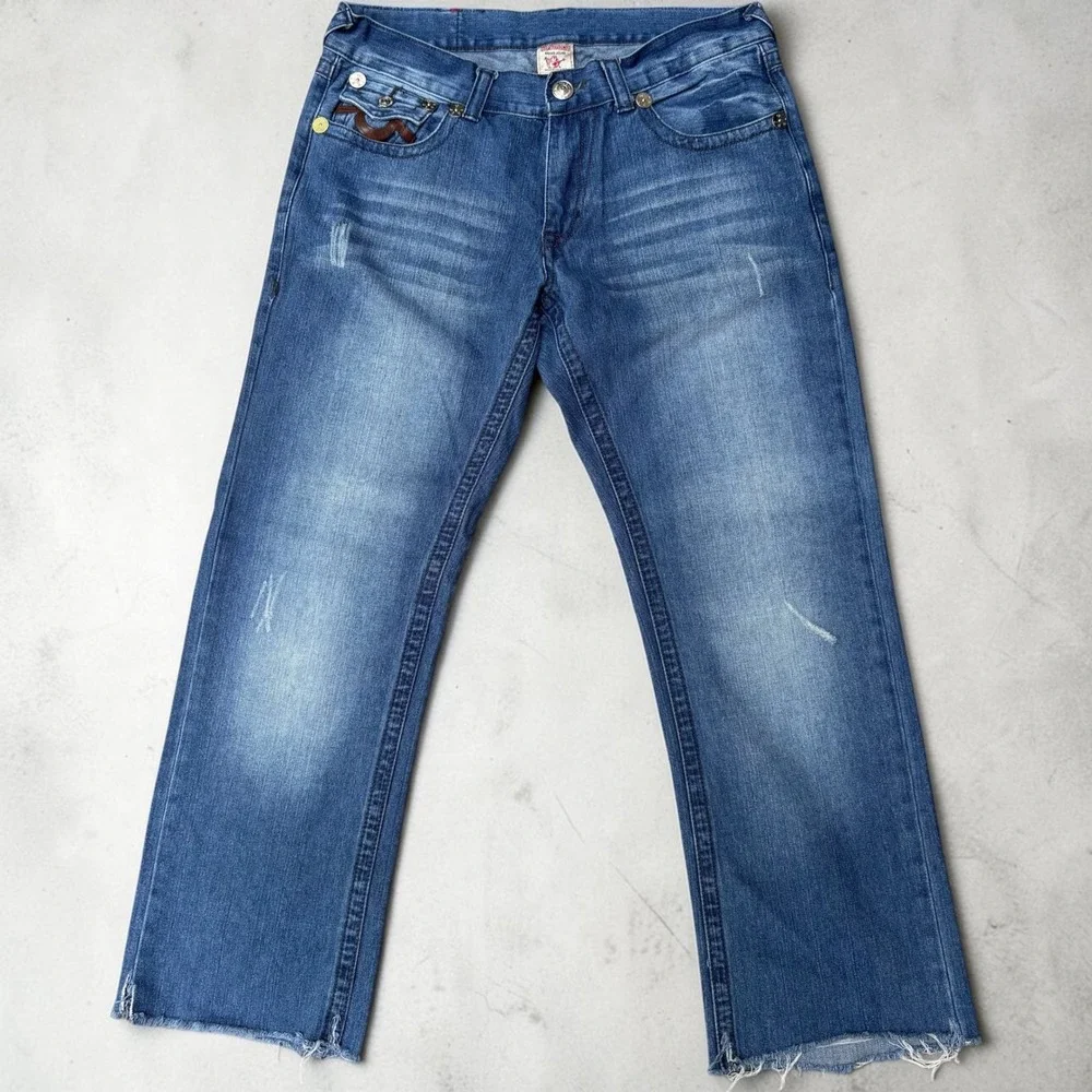 Y2K True Religion Billy Jeans 36 Blue Leather Horseshoe Faded Raw Hem Skater‎